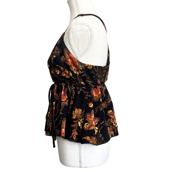 URBAN OUTFITTERS DAKOTA BLACK ORANGE FLORAL RACERBACK WRAP PEPLUM TOP - L - Picture 2 of 10